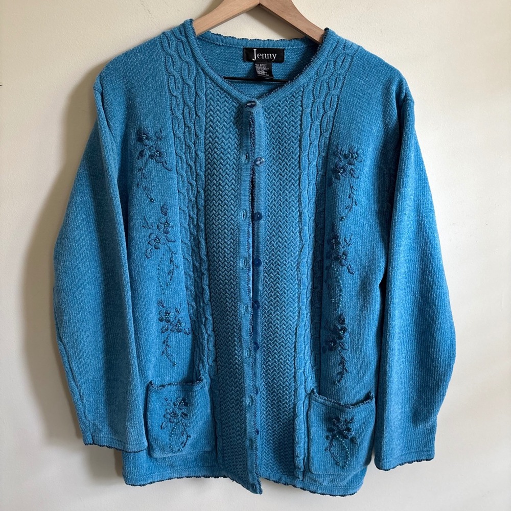 Jenny Blue Floral Embroidered Beaded Cardigan Sweater XL Cable Knit Button Front